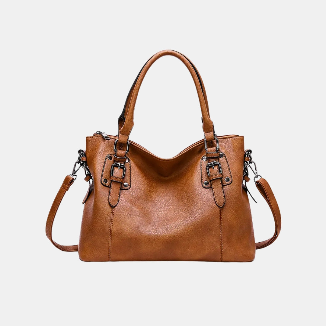 Brown leather handbag for women with shoulder strap